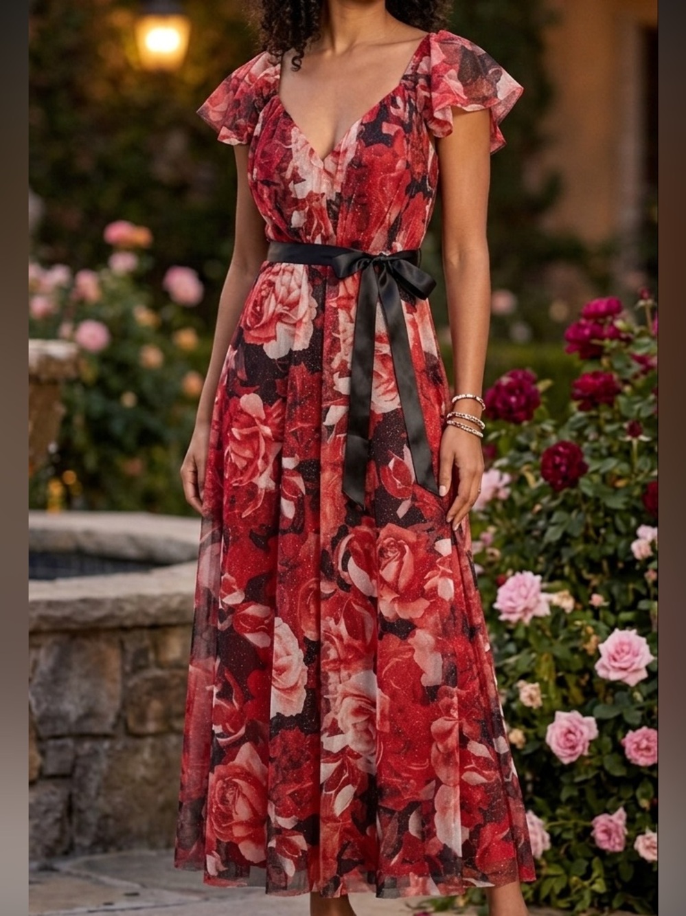 Lovely Grace Red Rose Glitter Mesh Maxi Dress with Flutter Sleeves